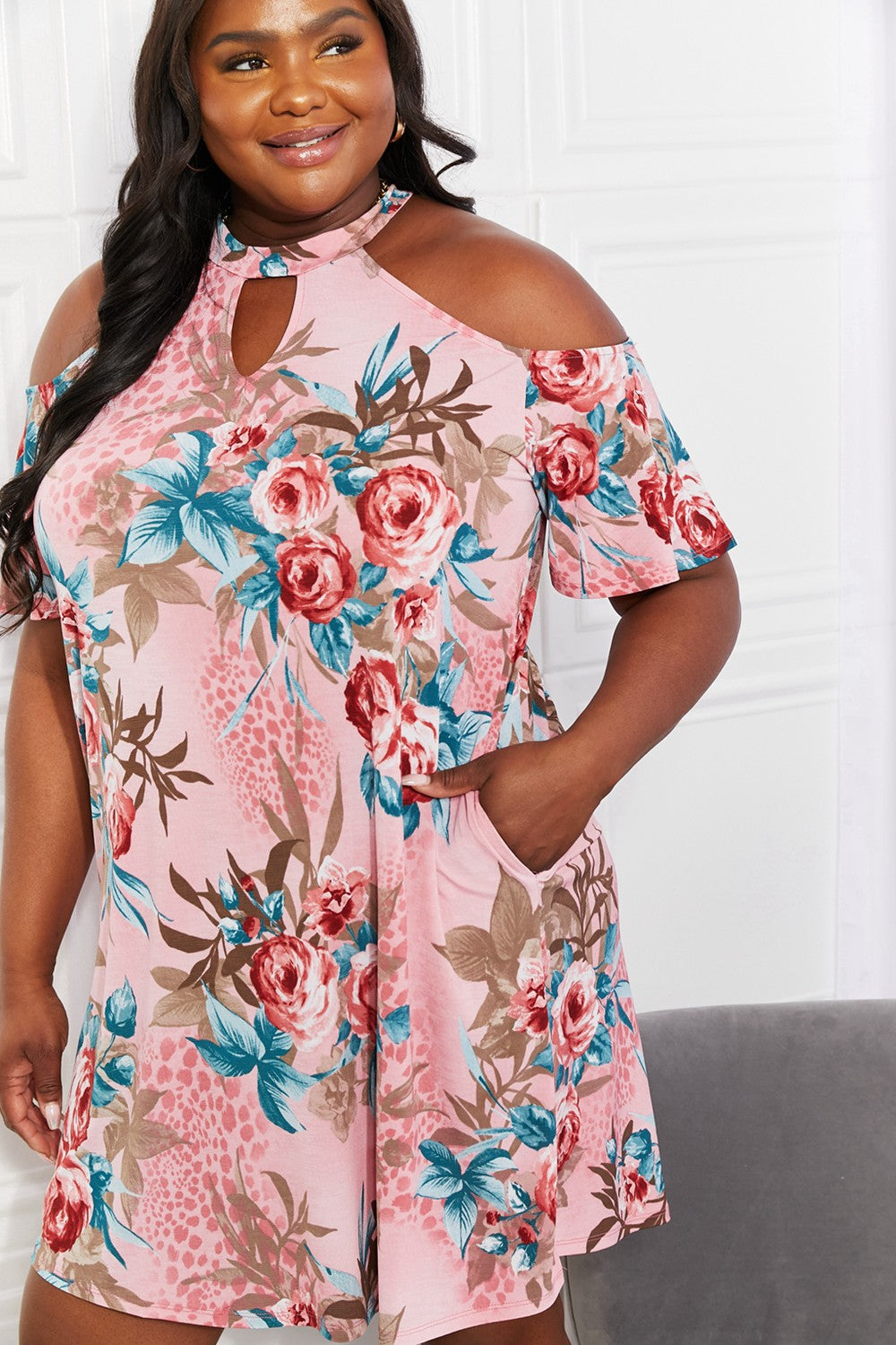 Sew In Love Full Size Fresh-Cut Flowers Cold-Shoulder Dress | Gulf Resellers