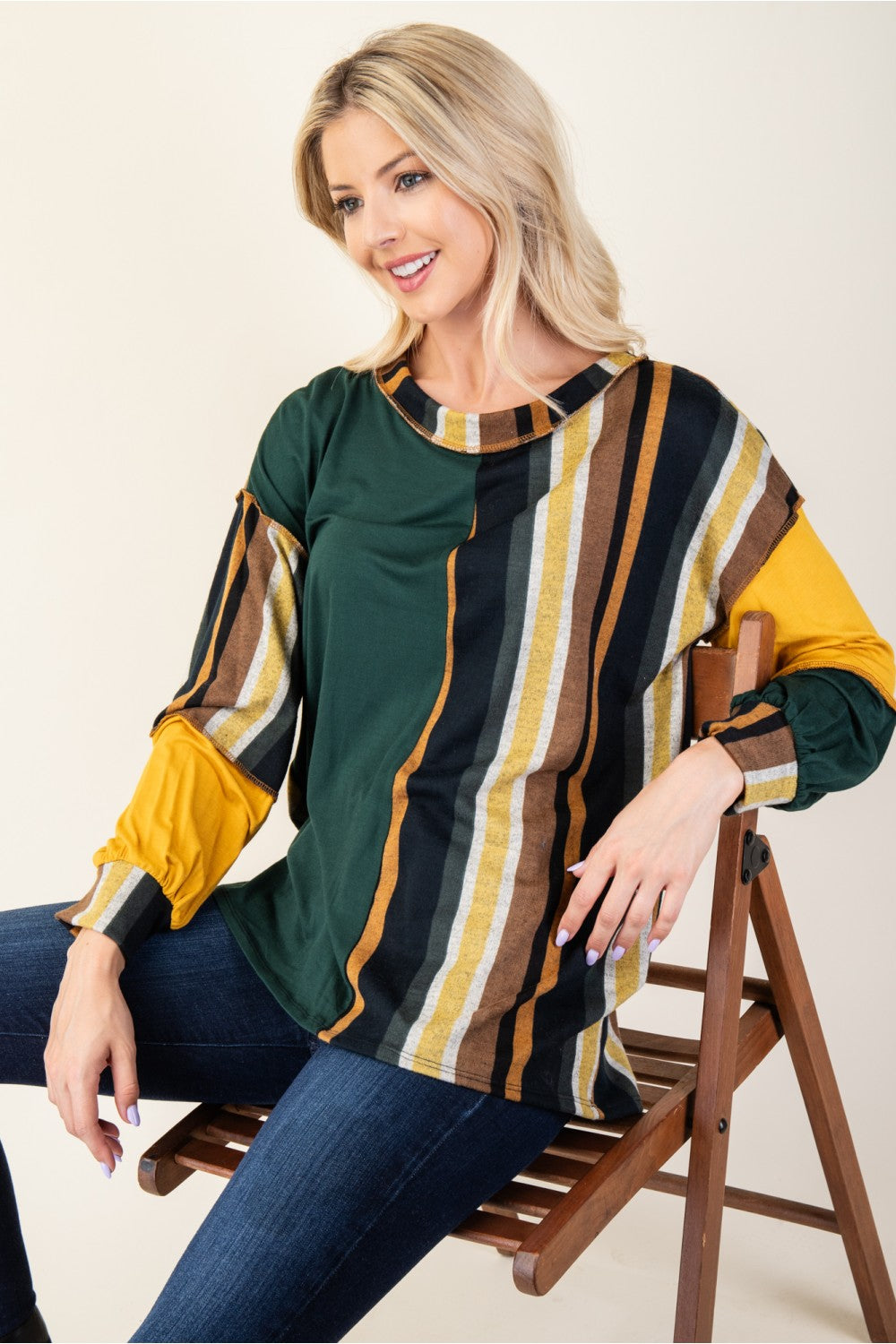 Celeste Full Size Striped Color Block Exposed Seam T-Shirt 20288 | Gulf Resellers 