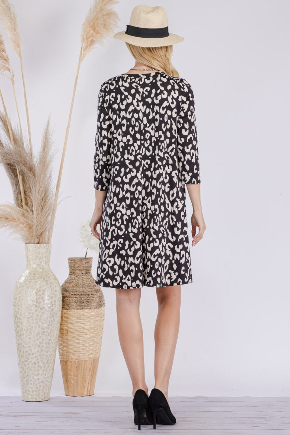 Celeste Full Size Leopard Three-Quarter Sleeve Dress with Pockets 6630 | Gulf Resellers 