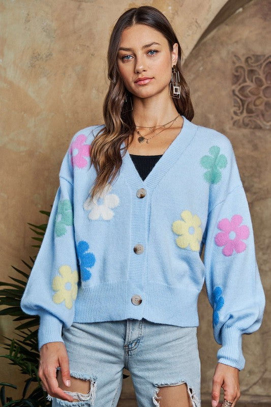 ADORA Flower Button Down Lantern Sleeve Cardigan 19764 | Gulf Resellers 