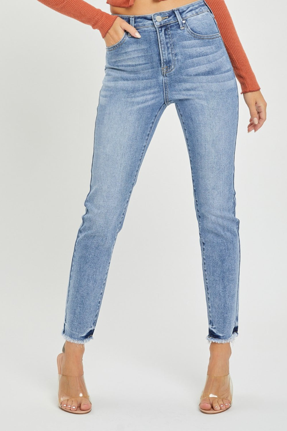 RISEN Full Size High Rise Frayed Hem Skinny Jeans 4854 | Gulf Resellers 