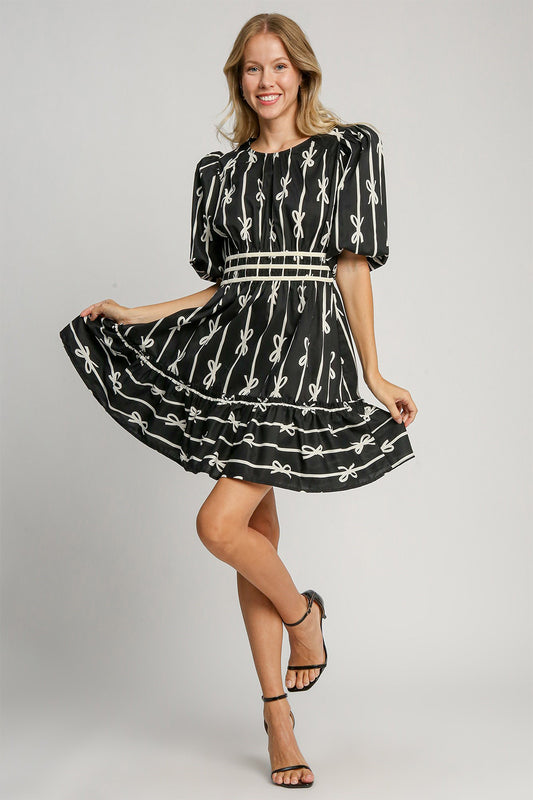 Umgee Ribbon Print Frill Contrast Velvet Trim Half Sleeve Dress 20687 | Gulf Resellers 