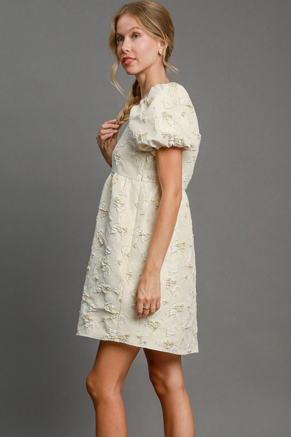 Umgee Heart Jacquard Square Neck Puff Sleeve Mini Dress 21507 | Gulf Resellers 