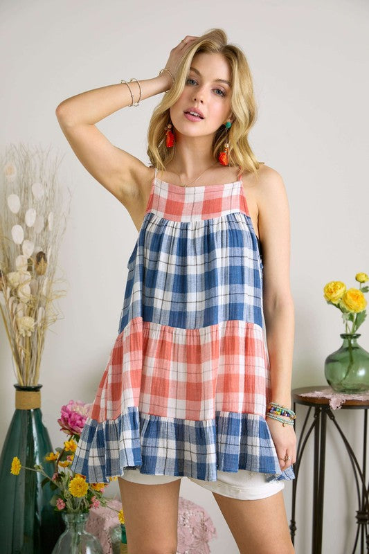 ADORA Plaid Tiered Babydoll Cami 19210 | Gulf Resellers 