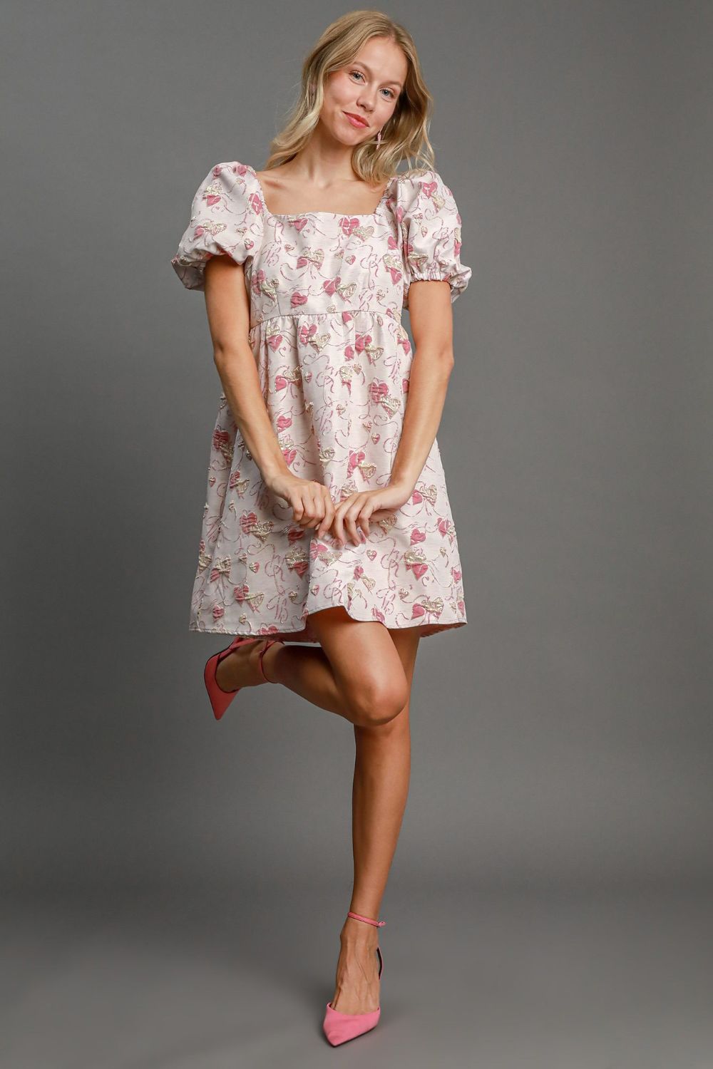 Umgee Heart Jacquard Square Neck Puff Sleeve Mini Dress 21199 | Gulf Resellers 