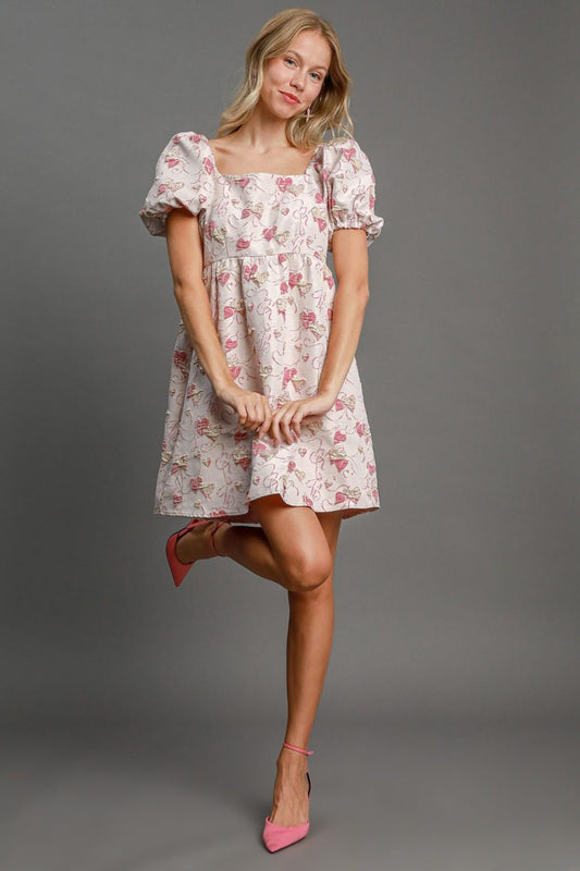 Umgee Heart Jacquard Square Neck Puff Sleeve Mini Dress 21199 | Gulf Resellers 