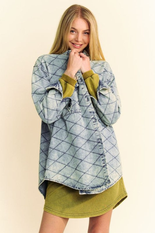 Davi & Dani Curved Hem Diamond Quilted Button Up Denim Shacket 20071 | Gulf Resellers 