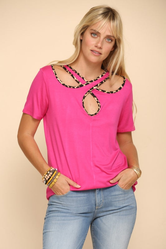 Celeste Full Size Crisscross Cutout Leopard Contrast Trim T-Shirt