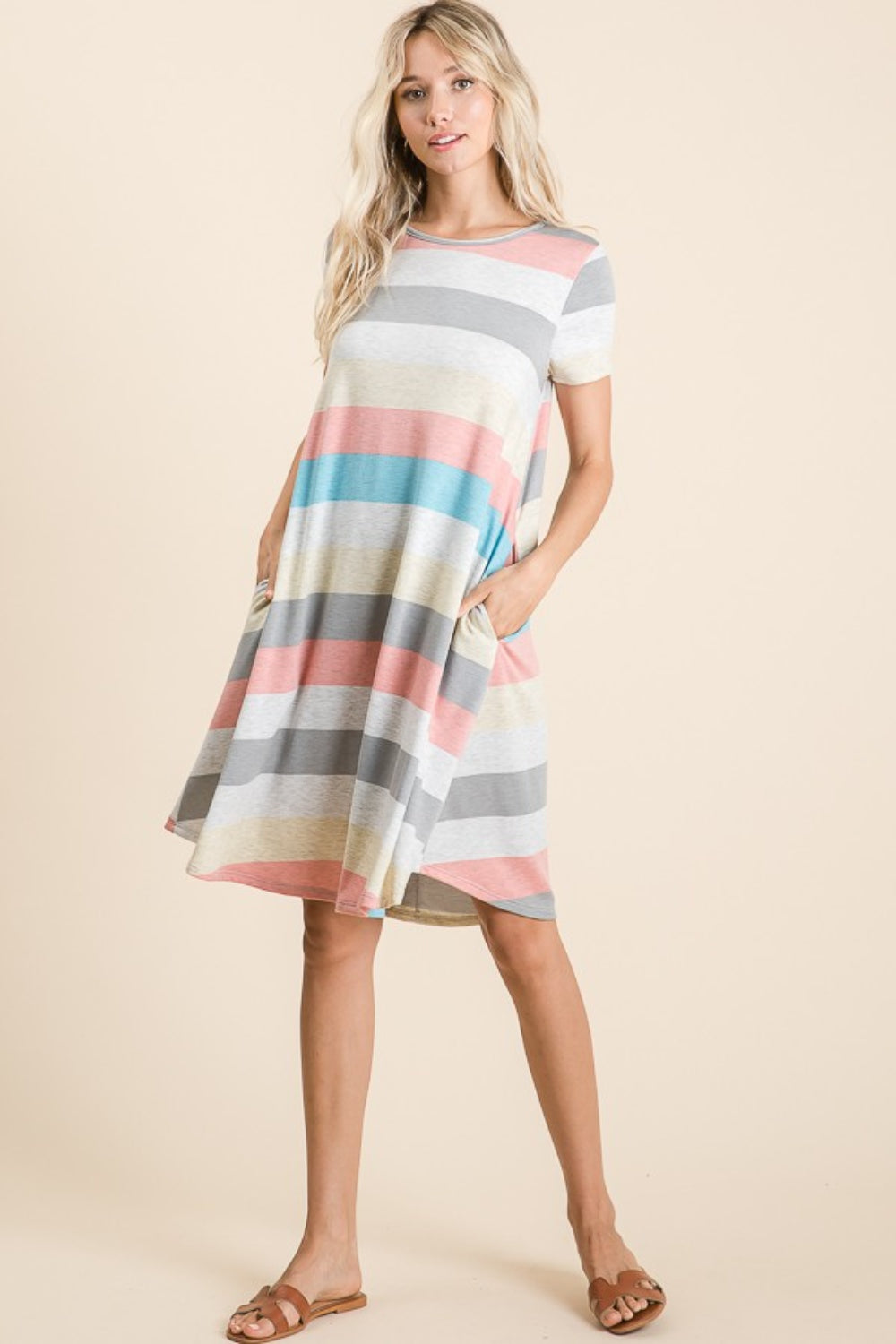 BOMBOM Striped Short Sleeve Dress with Pockets 6413 | Gulf Resellers 