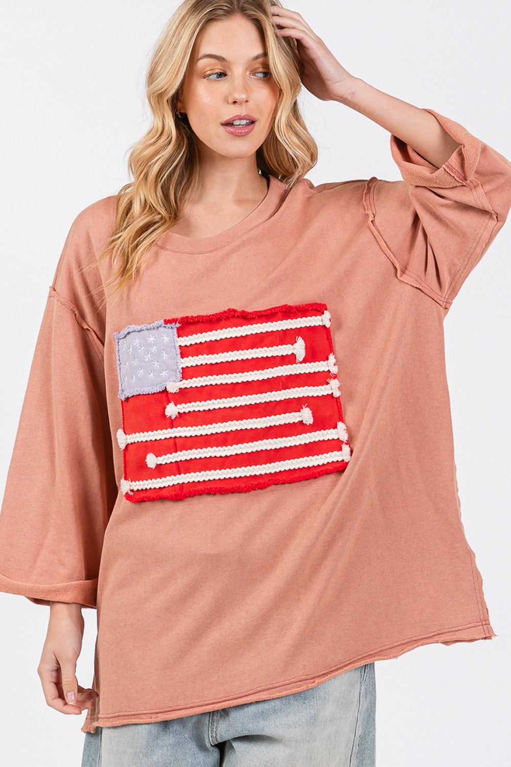 SAGE + FIG Full Size American Flag Patch Drop Shoulder T-Shirt 19007 | Gulf Resellers 