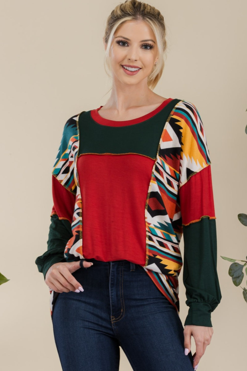 Celeste Full Size Exposed Seam Printed Color Block T-Shirt 18402 | Gulf Resellers 