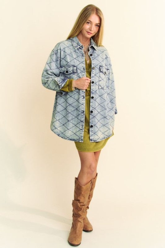 Davi & Dani Curved Hem Diamond Quilted Button Up Denim Shacket 20072 | Gulf Resellers 