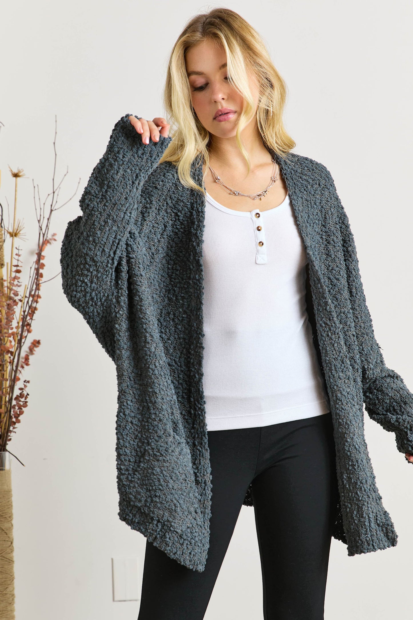 ADORA Popcorn Knit Open Front Long Sleeve Cardigan 18600 | Gulf Resellers 