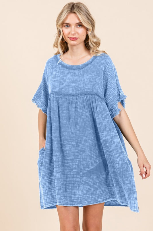 Culture Code Full Size Short Sleeve Babydoll Texture Dress with Pockets