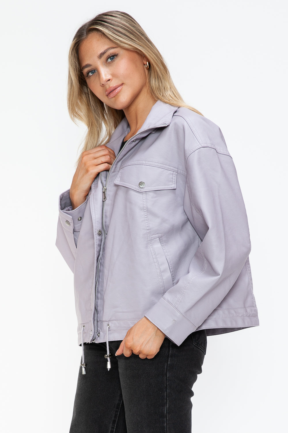 How Dare U Drawstring Hem PU Leather Zip Up Jacket 15445 | Gulf Resellers 