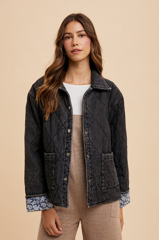 Annie Wear Quilted Printed Lining Snap Down Denim Jacket 20484 | Gulf Resellers 