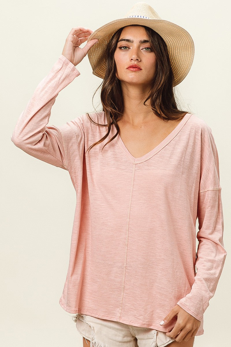 BiBi Exposed Seam V-Neck Long Sleeve T-Shirt 21879 | Gulf Resellers 