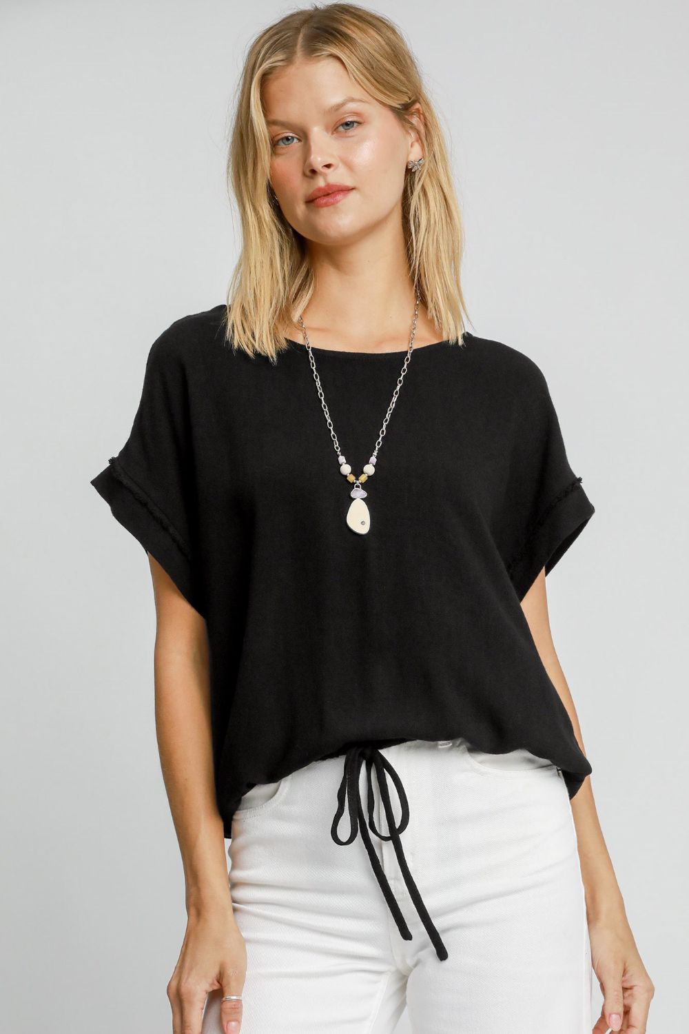 Umgee Drawstring Hem Round Neck Short Sleeve T-Shirt 19368 | Gulf Resellers 