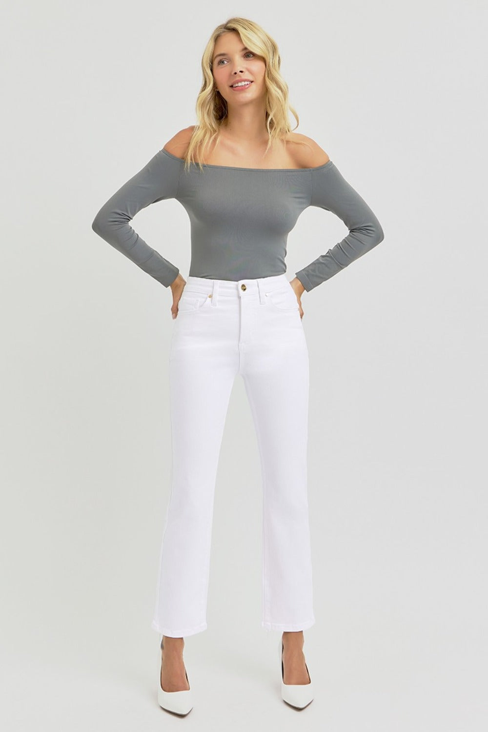 RISEN Full Size Tummy Control Elastic Band High Rise Crop Straight Jeans | Gulf Resellers