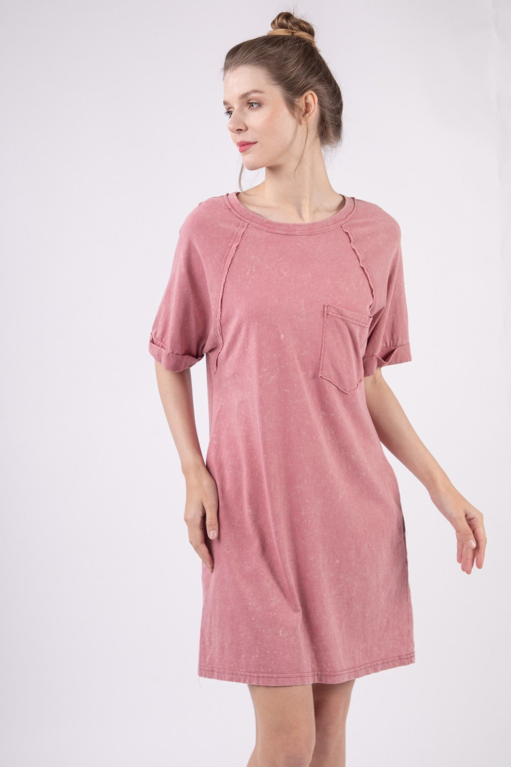 VERY J Washed Round Neck Mini Tee Dress 5250 | Gulf Resellers 