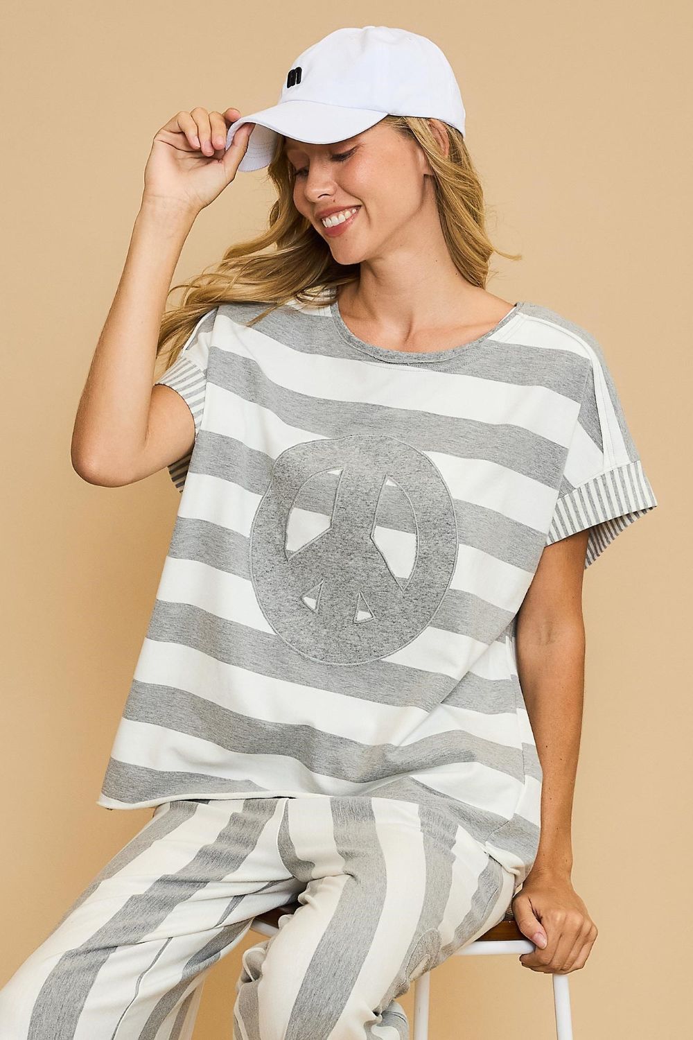 Umgee Peace Sign Patch Striped French Terry T-Shirt 18462 | Gulf Resellers 