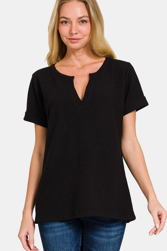 Zenana Notched Short Sleeve Waffle T-Shirt