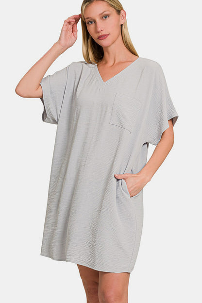 Zenana V-Neck Tee Dress with Pockets