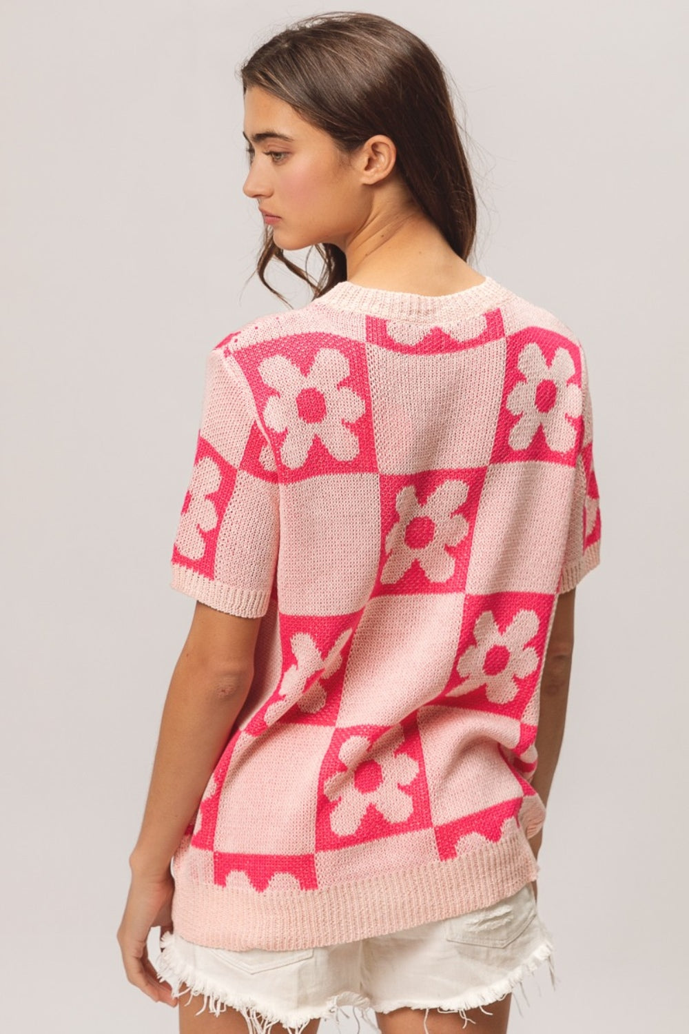 BiBi Flower Checker Pattern Short Sleeve Sweater 8721 | Gulf Resellers 