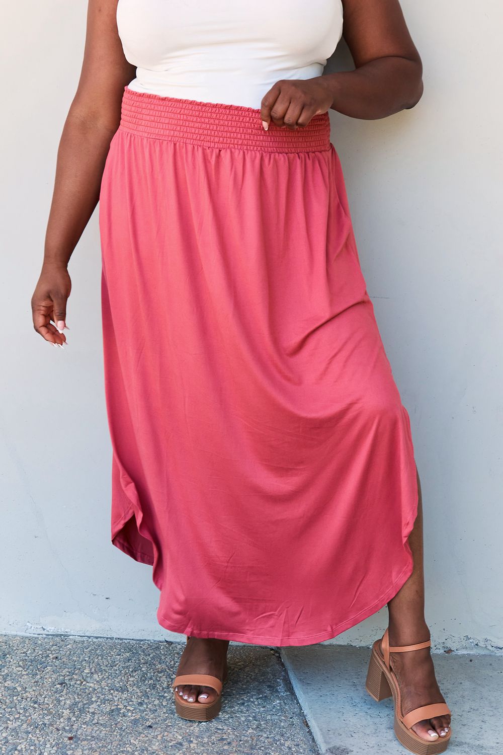 Doublju Comfort Princess Full Size High Waist Scoop Hem Maxi Skirt