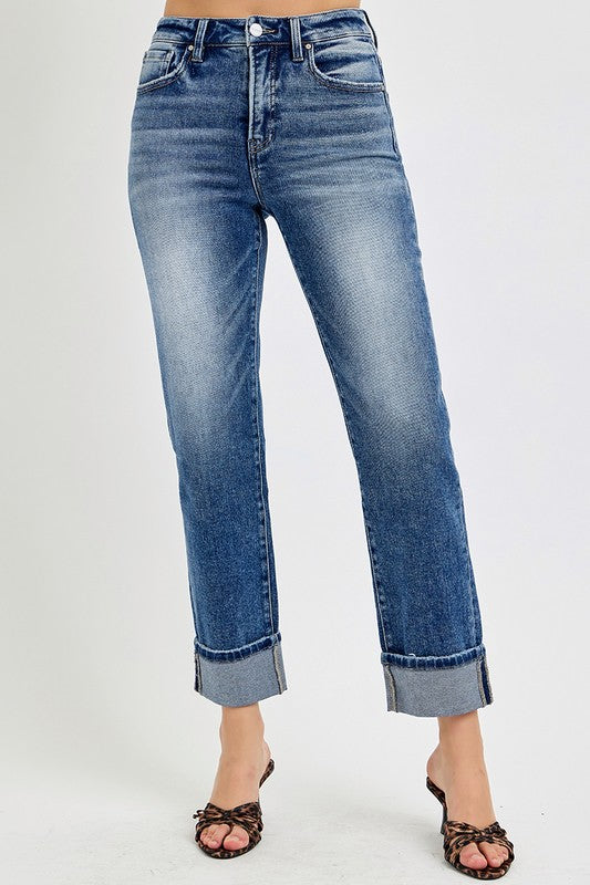 RISEN Full Size High Rise Crop Straight Roll Up Jeans 20418 | Gulf Resellers 