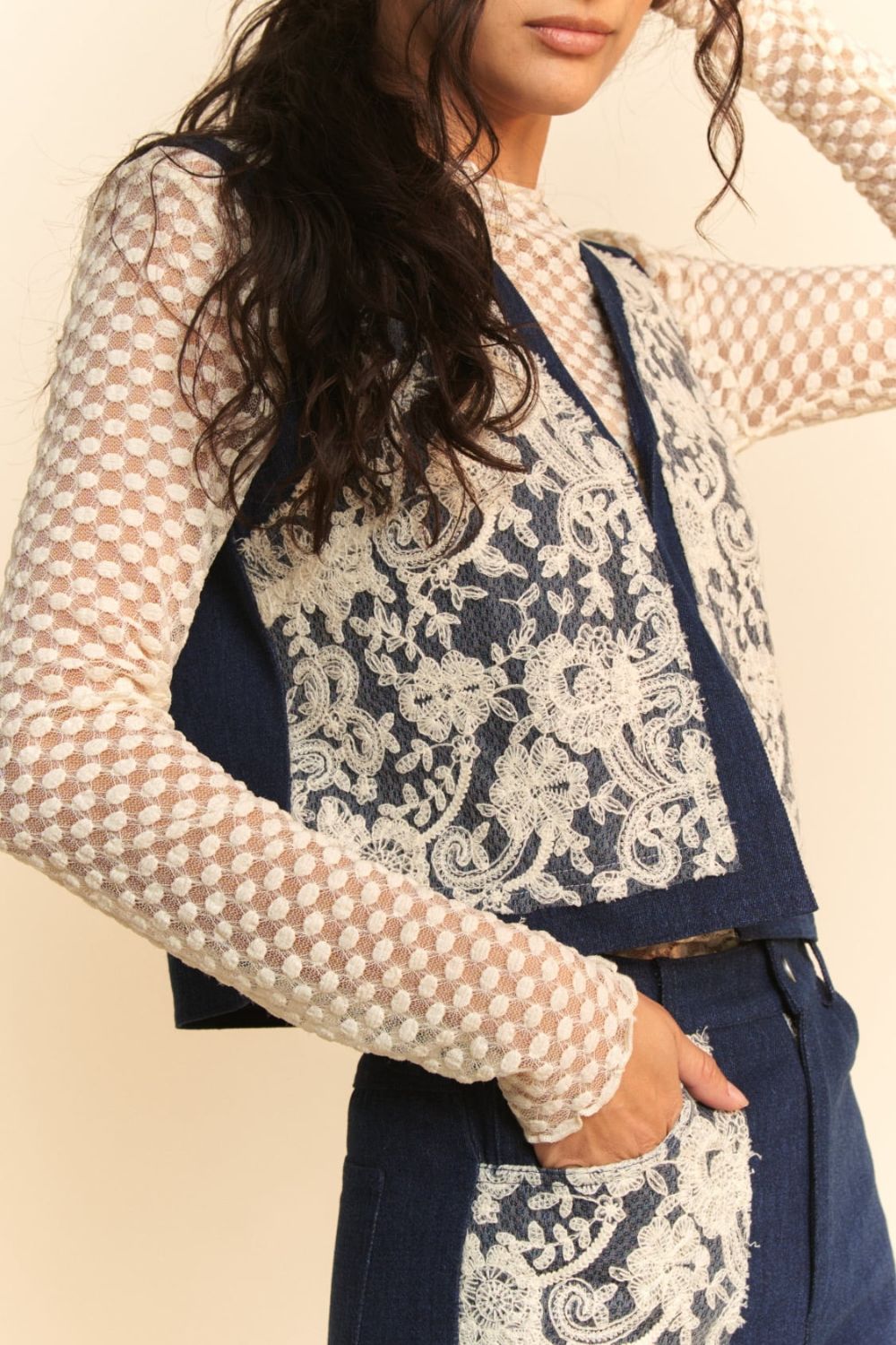 Davi & Dani Lace Patch Open Front Denim Vest 20058 | Gulf Resellers 