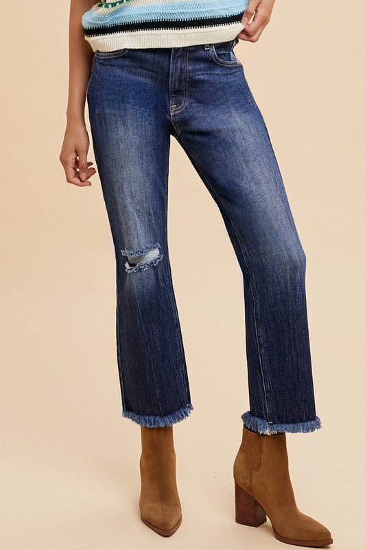 Annie Wear Distressed Raw Hem Straight Leg Cropped Jeans 20975 | Gulf Resellers 