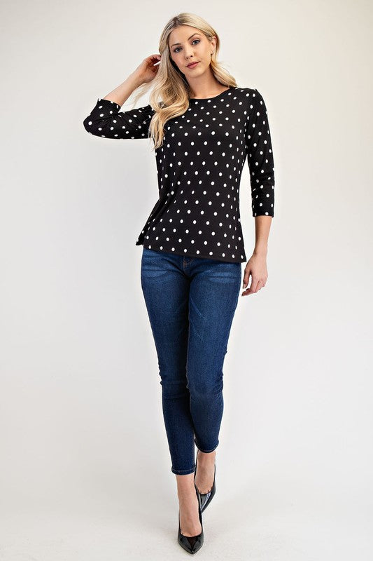 Celeste Full Size Polka Dot Round Neck Three-Quarter Sleeve T-Shirt 18269 | Gulf Resellers 