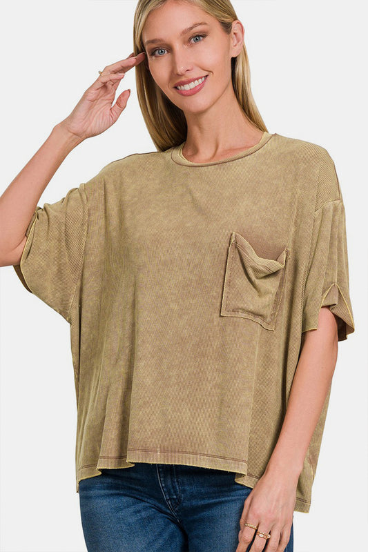 Zenana Ribbed Round Neck Drop Shoulder T-Shirt 19187 | Gulf Resellers 