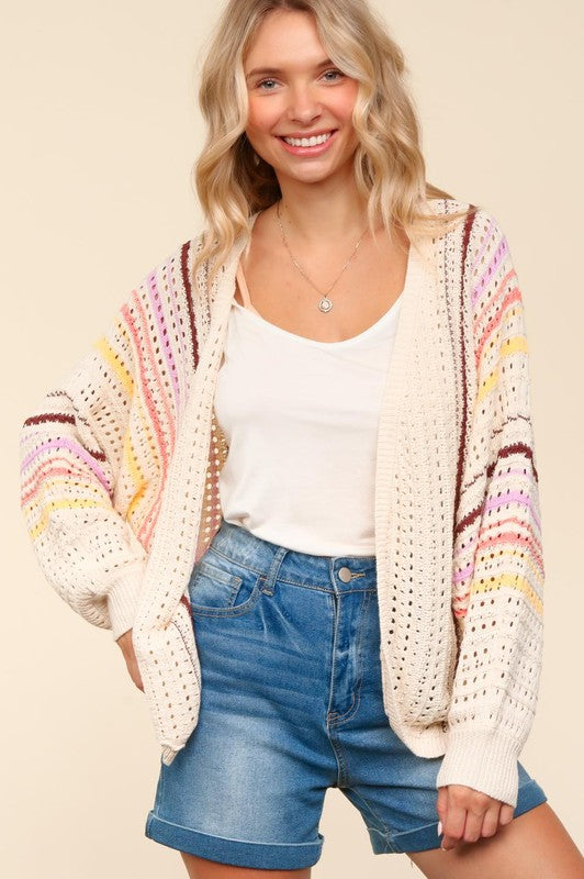 Haptics Full Size Striped Crochet Open Front Cardigan 19108 | Gulf Resellers 