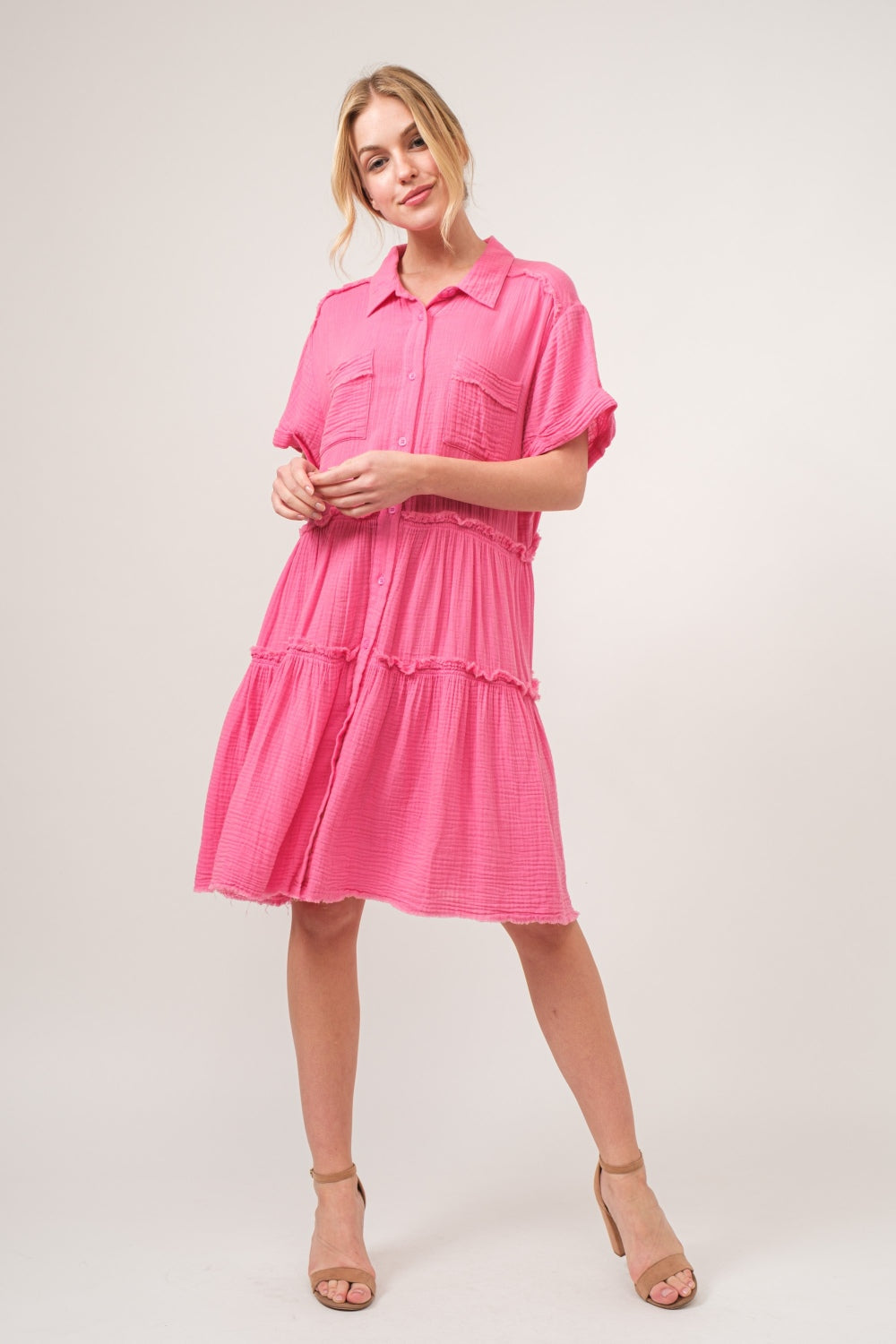 And The Why Full Size Raw Edge Washed Tiered Shirt Dress | Gulf Resellers