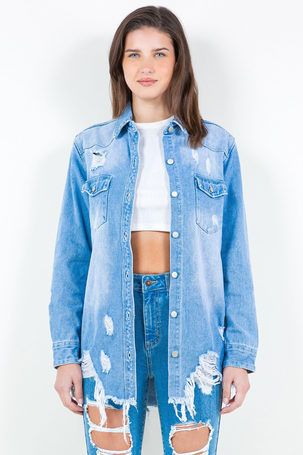 American Bazi Frayed Hem Distressed Denim Shirt Jacket 13777 | Gulf Resellers 