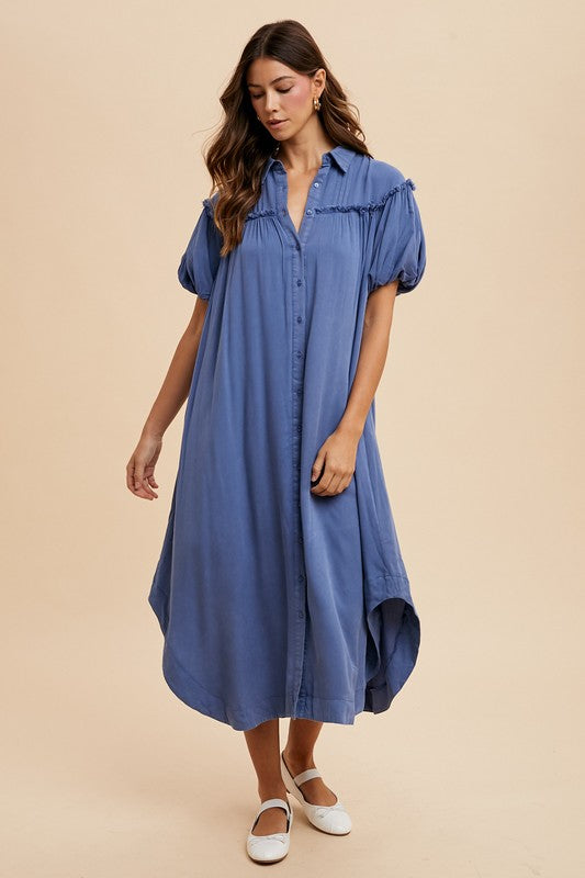 Annie Wear Mineral Washed Button Down Puff Sleeve Shirt Dress 20399 | Gulf Resellers 