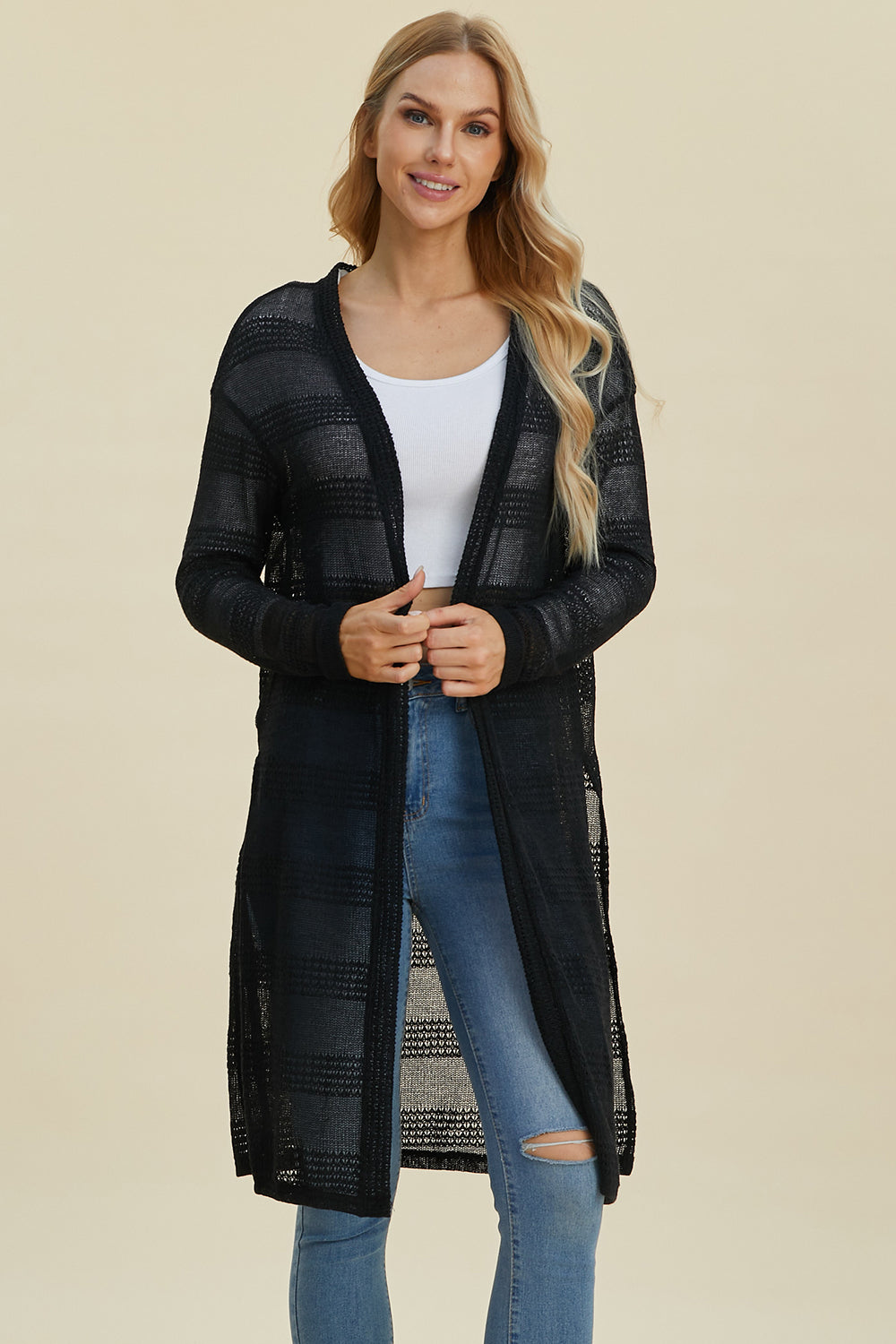 Double Take Full Size Open Front Longline Cardigan