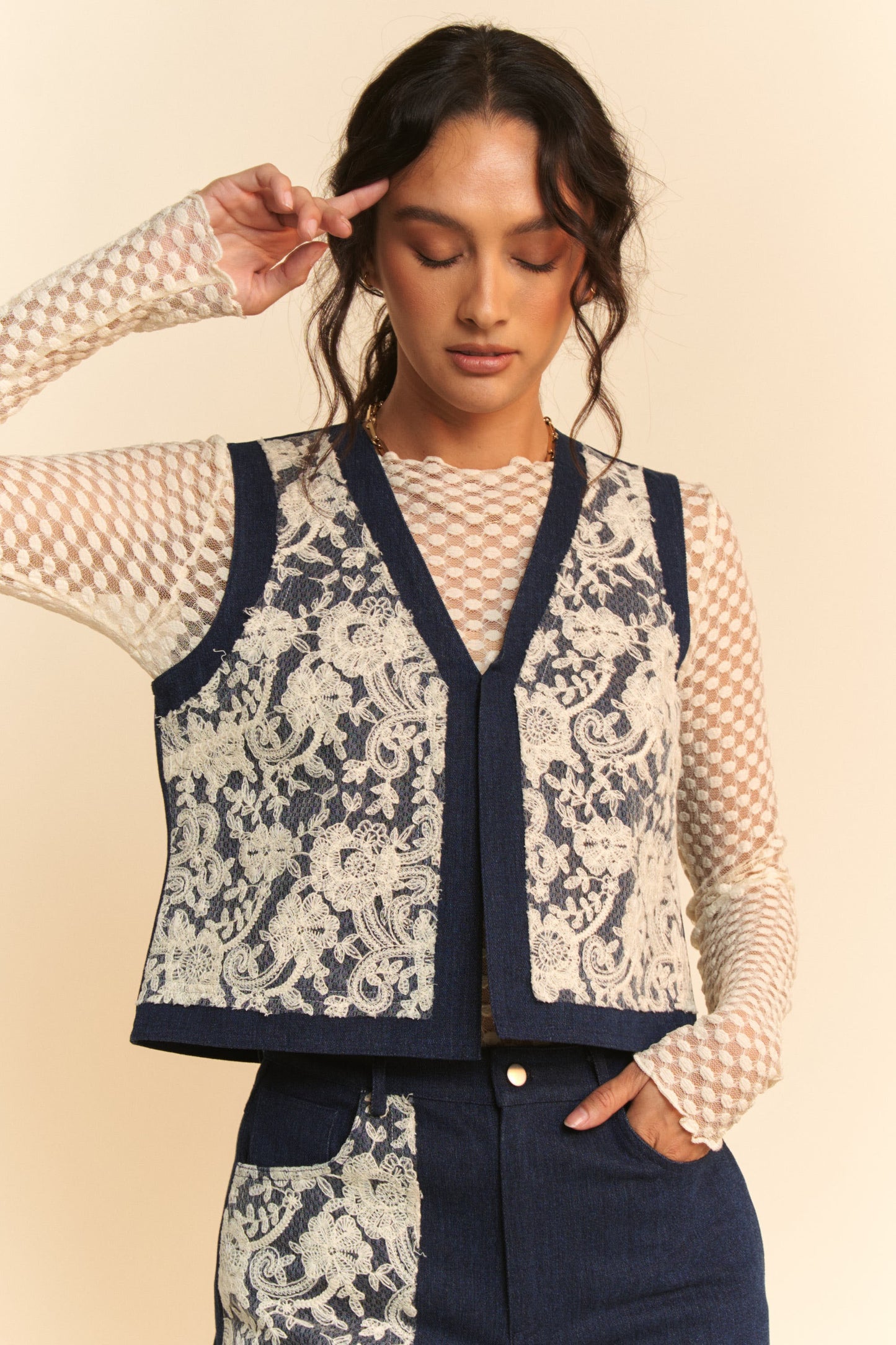 Davi & Dani Lace Patch Open Front Denim Vest 20060 | Gulf Resellers 