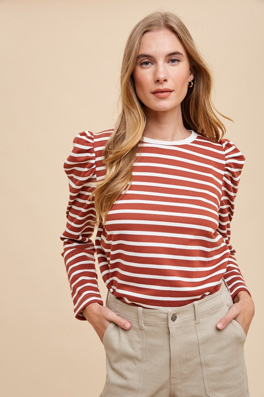 Annie Wear Striped Round Neck Puff Sleeve French Terry Top 18181 | Gulf Resellers 