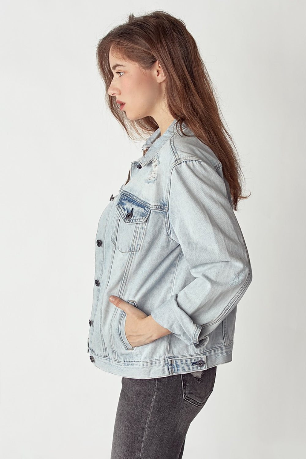 RISEN Distressed Button Up Jacket | Gulf Resellers