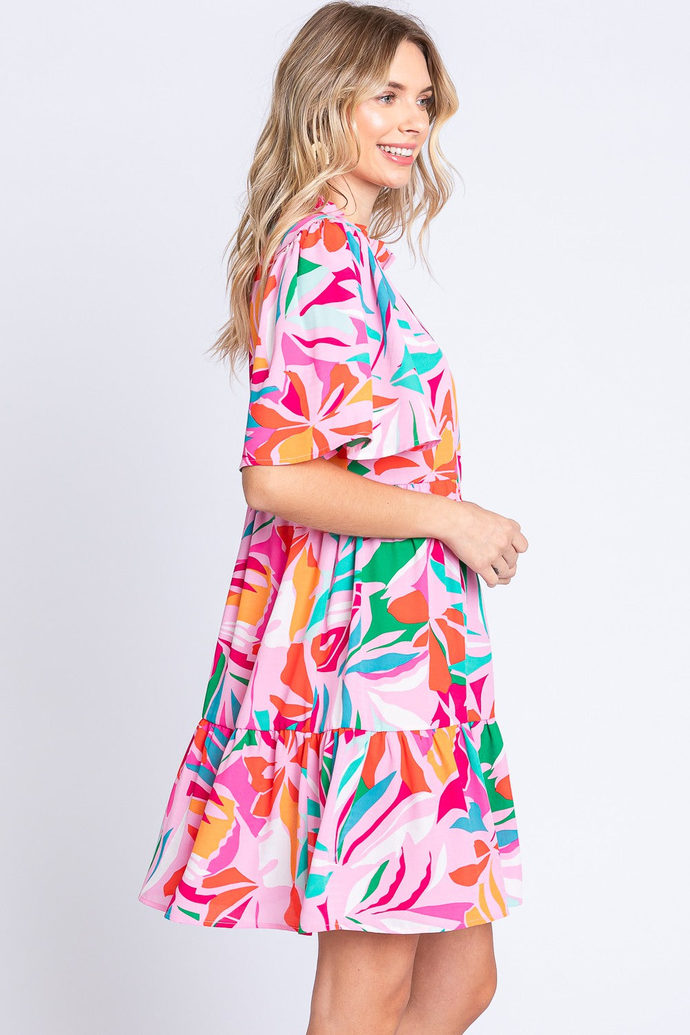 GeeGee Printed Short Sleeve Ruffle Hem Dress | Gulf Resellers