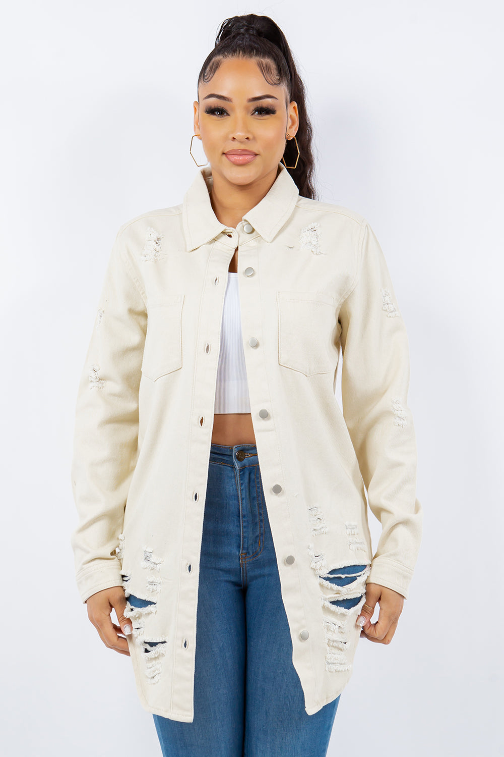 American Bazi Distressed Button Up Long Sleeve Denim Jacket | Gulf Resellers