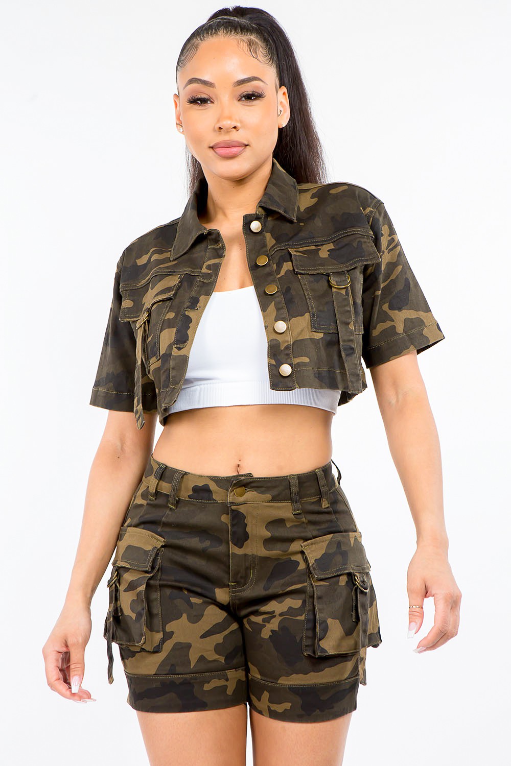 American Bazi Full Size Camouflage Short Sleeve Cropped Jacket 12781 | Gulf Resellers 