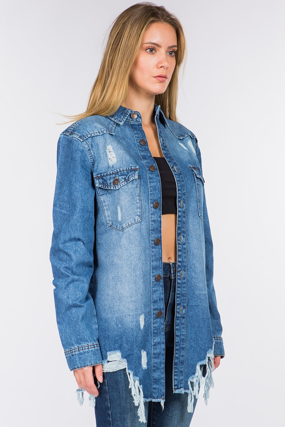 American Bazi Distressed Frayed Hem Denim Jacket 12827 | Gulf Resellers 