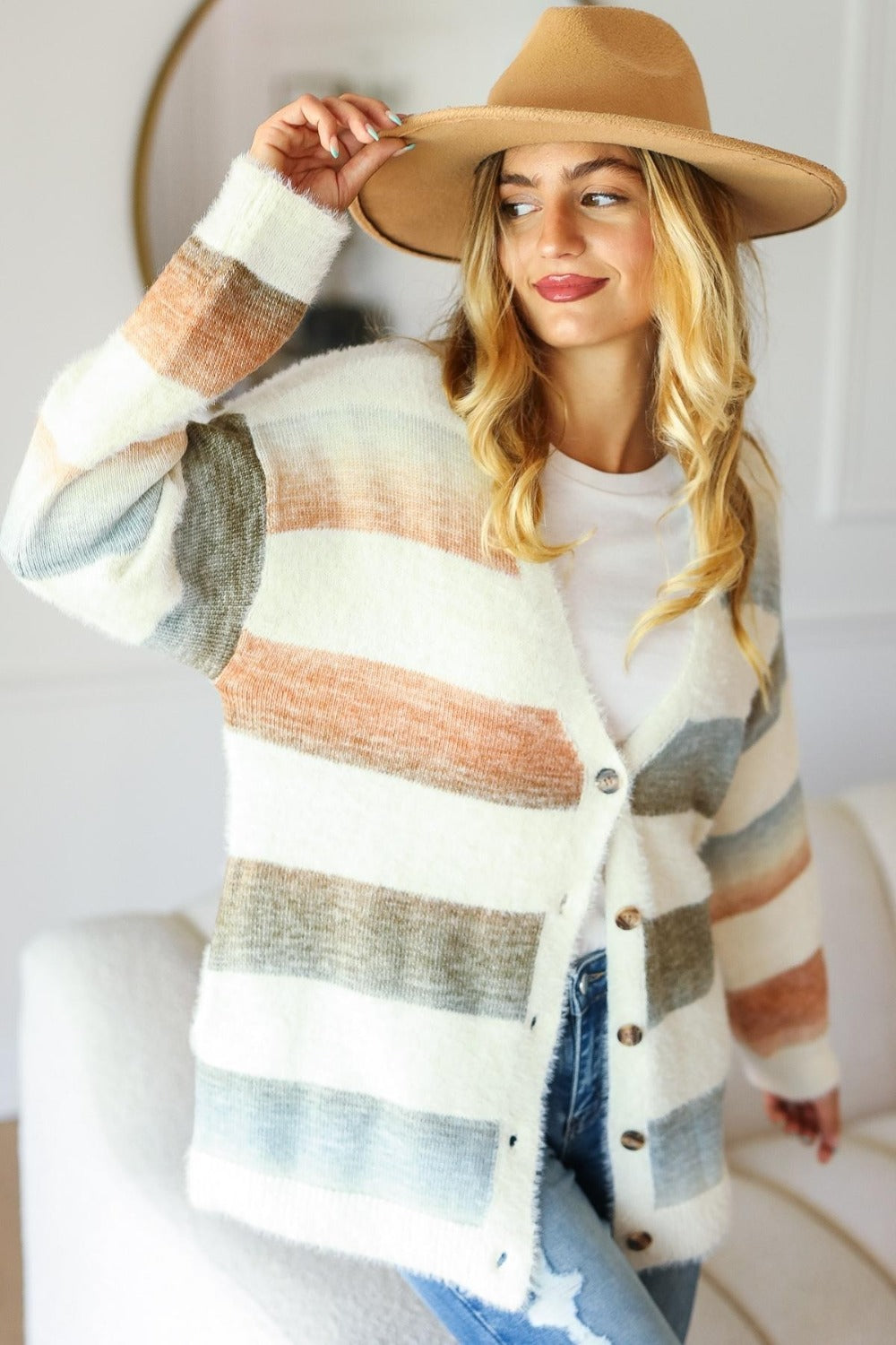 Haptics Full Size Button Down Stripe Soft Fuzzy Sweater Cardigan 9120 | Gulf Resellers 