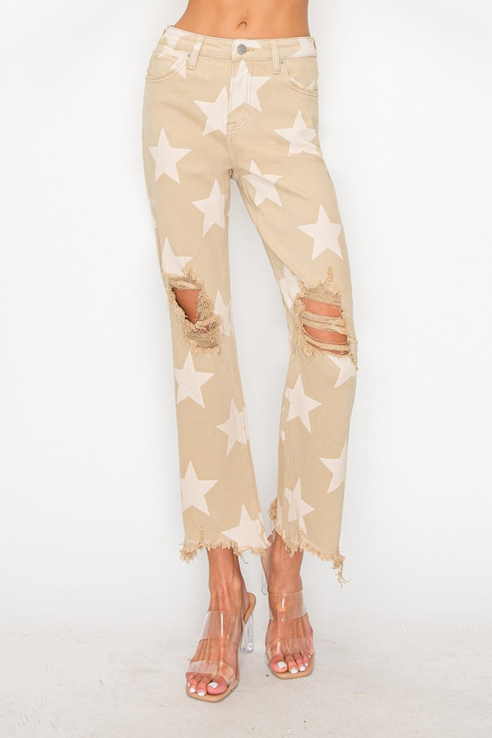 RISEN Full Size High Rise Star Printed Frayed Hem Jeans 8592 | Gulf Resellers 