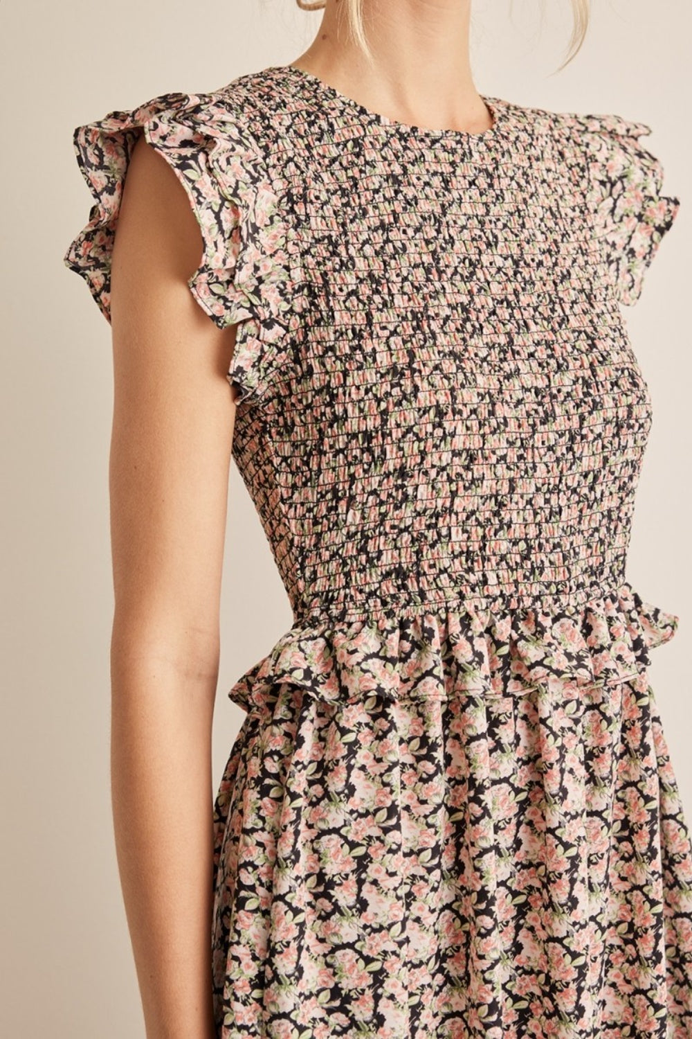 In February Floral Smocked Ruffled Midi Dress