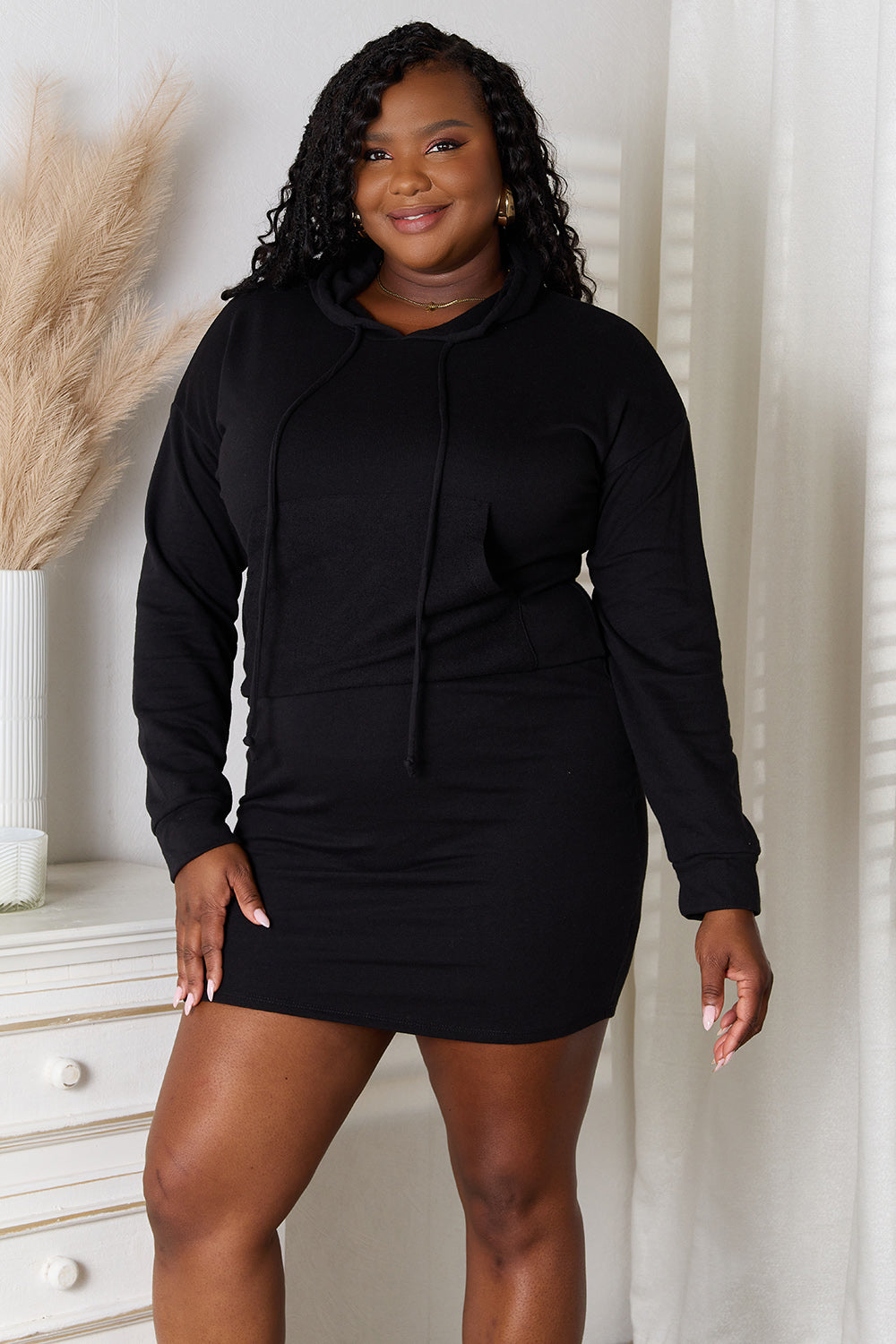 Culture Code Full Size Drawstring Long Sleeve Hooded Dress | Gulf Resellers